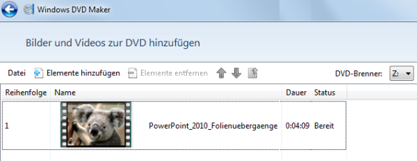 Windows DVD Maker Schritt 2