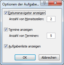 Outlook 2007: Aufgabenleiste-Optionen