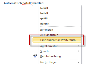 Word 2010: Benutzerwörterbuch ergänzen