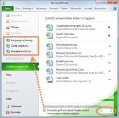 Office 2010: Schnellzugriff auf zuletzt verwendete Dateien aktiviert