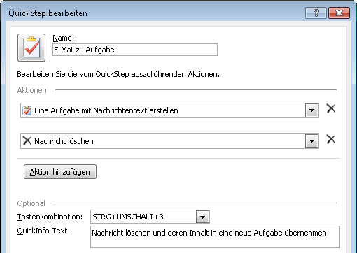 Outlook 2010: Die Einstellungen beim Definieren des Quick Steps "E-Mail  zu Aufgabe"