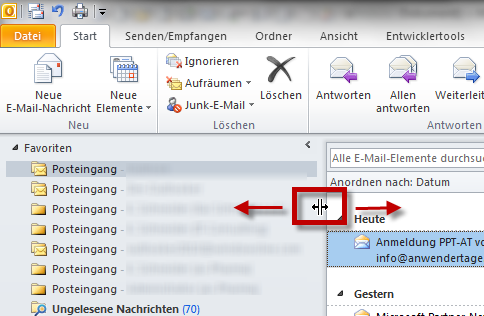 Outlook 2010: Die Breite des Navigationsbereichs anpassen