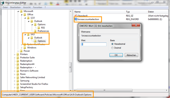 Outlook 2010: In der Registry den Wert forceaccountselection hinzufügen