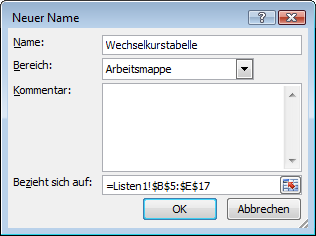 Excel 2010: Das Dialogfeld "Neuer Name"