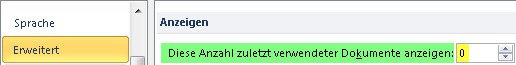 Über die Optionen die Anzahl der angezeigten Dateien auf Null stellen Über die Optionen die Anzahl der angezeigten Dateien auf Null stellen