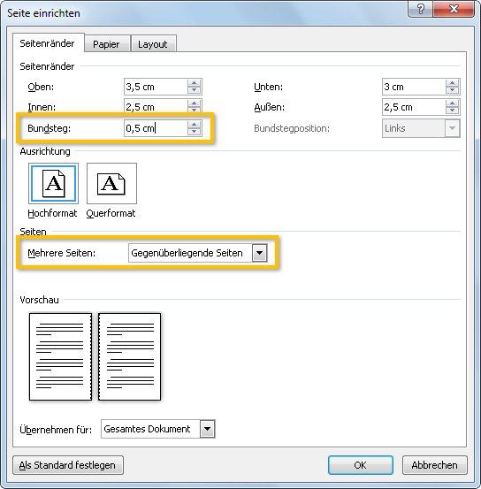 Word 2010: Einrichtung gegenüberliegender Seiten