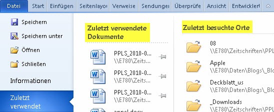 Word 2010: Ausschnitt der Informationen unter "Zuletzt verwendet"