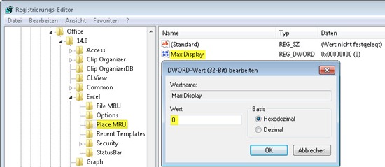 Liste der zuletzt besuchten Ordner auf Null setzen und damit entfernen Liste der zuletzt besuchten Ordner auf Null setzen und damit entfernen