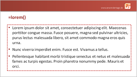 Blindtext in Office 2010 mit =lorem()