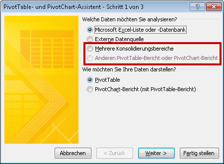 Dialogfeld des Pivot-Assistenten In Excel 2010