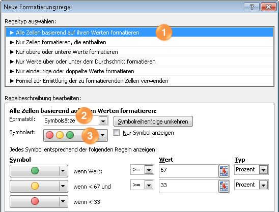 Im Dialogfeld Neue Formatierungsregel einen Symbolsatz zuweisen