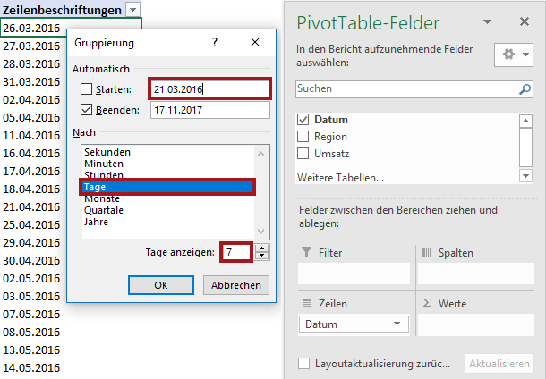 Wochenweises Gruppieren: Als Startdatum den Montag vor dem ältesten Datum wählen und die Tage-Gruppierung auf 7 einstellen