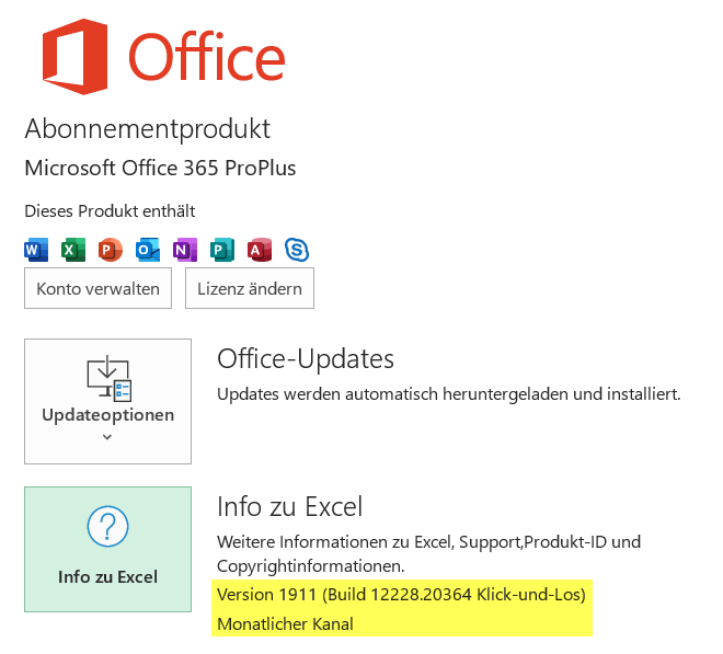 Die gelb markierten Informationen zu Updatekanal und Version sind entscheidend