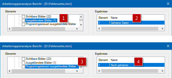 Die Analyse offenbart auch die per VBA ausgeblendeten Blätter