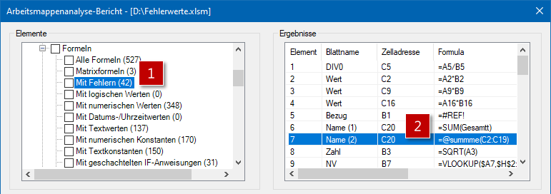 Ein Klick auf das Fehlerergebnis führt direkt zur fehlerhaften Zelle