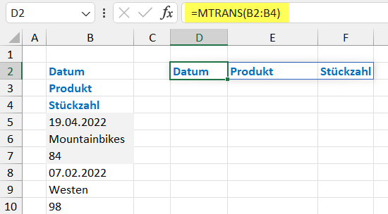 Zeile statt Spalte mit MTRANS