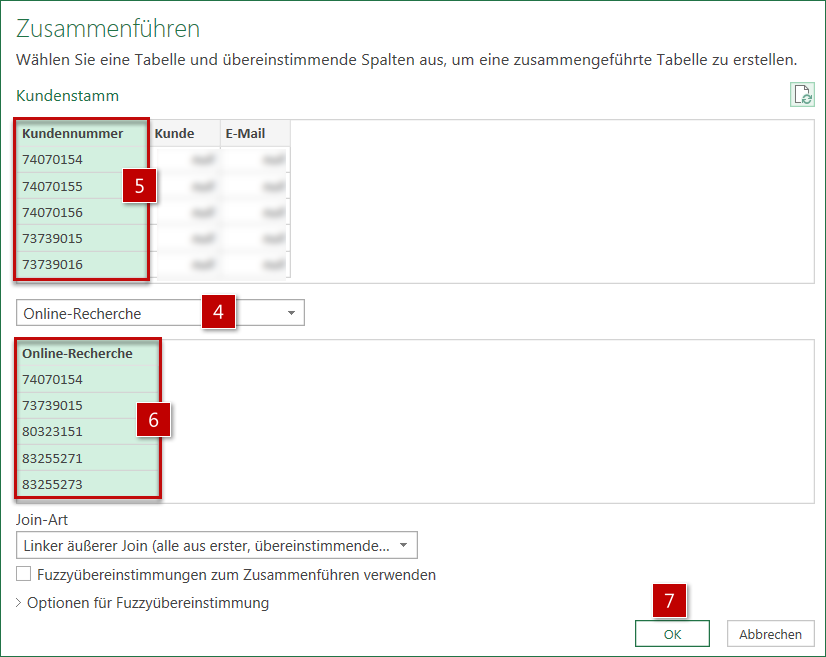 Für das Zusammenführen die beiden Spalten mit den Kundennummern markieren