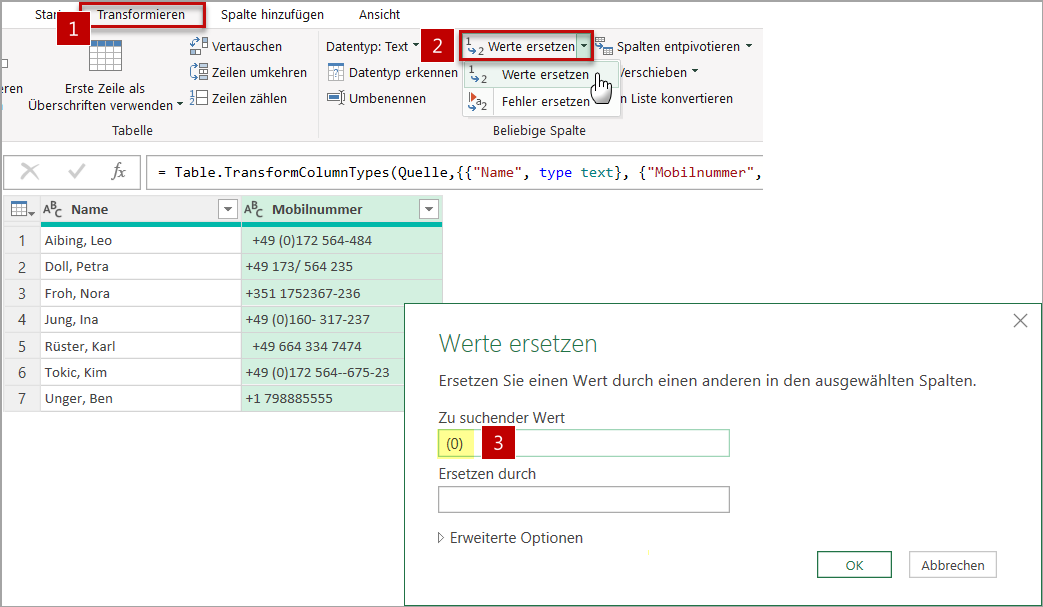 Der oft gebrauchten Befehl Ersetzen kann auch in Power Query genutzt werden