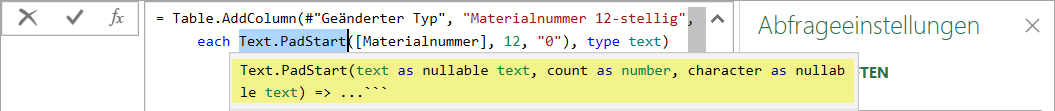 IntelliSense zeigt die Argumente zur gewählten Funktion