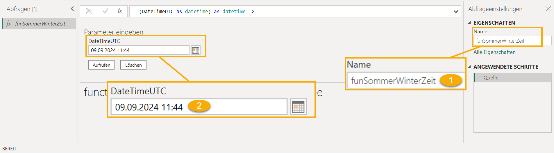 In Power Query die benutzerdefinierte Funktion mit dem DateTime-Wert 09.09.2024 11:44 testen