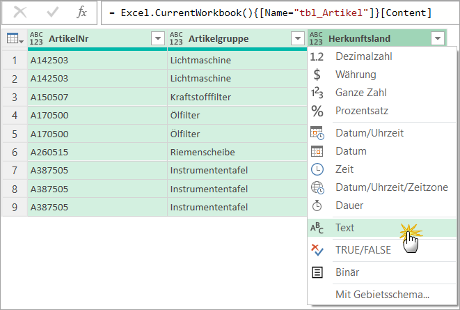 Erst das Bestimmen der Datentypen macht eine Gruppierung möglich
