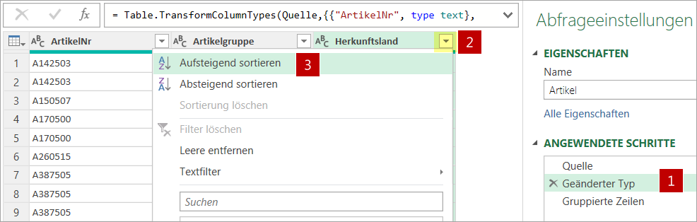Die Liste vor dem Gruppieren nach Herkunftsland sortieren