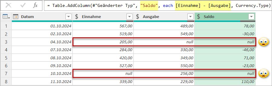 Ist einer der Werte null, so ist das Gesamtergebnis automatisch null
