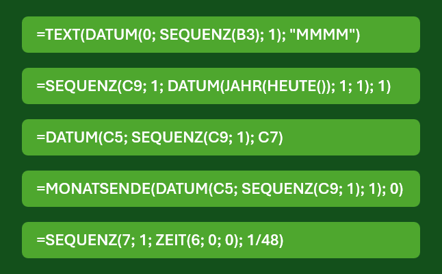 Vorschau auf einige der Formel zum Erzeugen von Datums- und Uhrzeitreihen