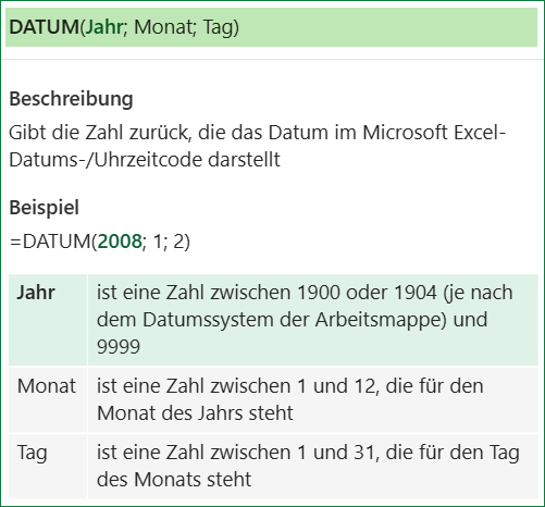 Die Syntax der Funktion DATUM auf einen Blick – alle drei Argumente müssen angegeben werden