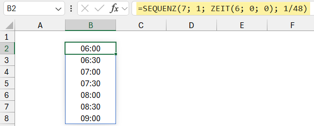 Eine Uhrzeitreihe im Halbstundentakt mit SEQUENZ und ZEIT