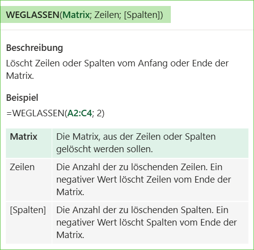 Aufbau und Syntax von WEGLASSEN auf einen Blick