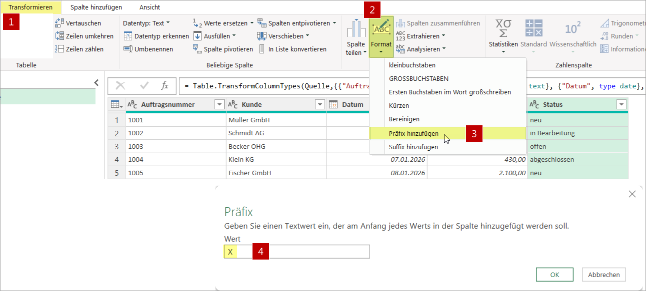 Ein Transformieren-Befehl wie Präfix hinzufügen erzeugt einen typischen Code mit der Funktion Table.TransformColumns